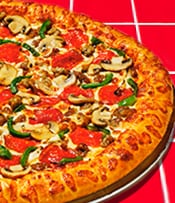 Classic marinara sauce, authentic old-world pepperoni, seasoned pork, beef, mushrooms, fresh green bell peppers and fresh red onions.